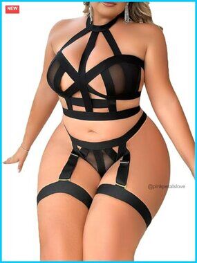 Plus Size Strappy Harness Hollow Out 4 Piece Lingerie Set Criss Cross Bra Thong